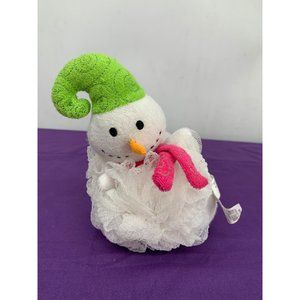 Pier One Imports 8 inch Bath Scrubbing Terry Cloth Snowman green hat pink scarf